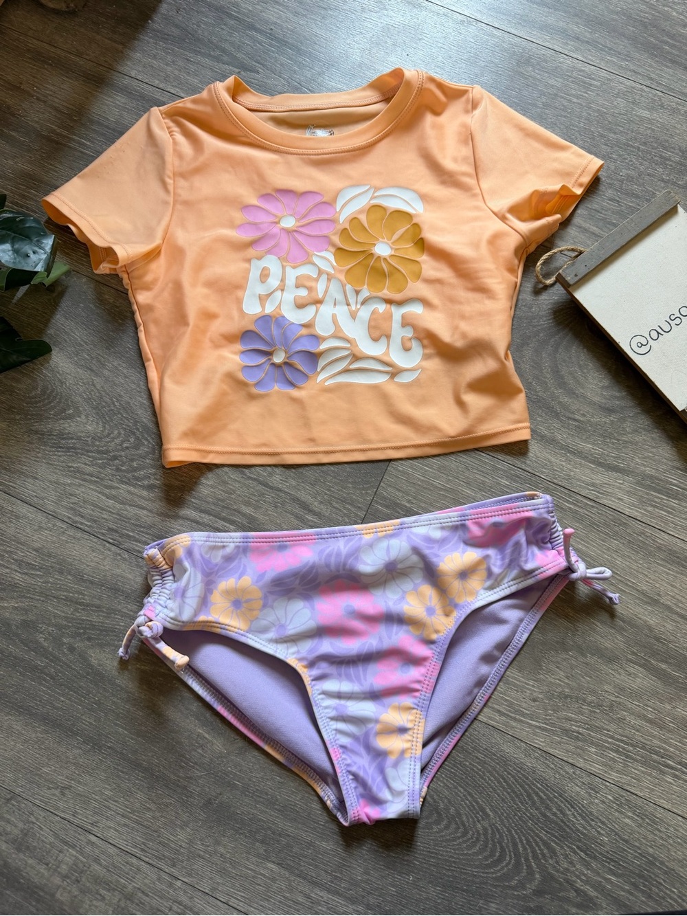 Wonder Nation Peach & Lavender Floral 'Peace' Rash Guard Swim Set. Size L 10-12
